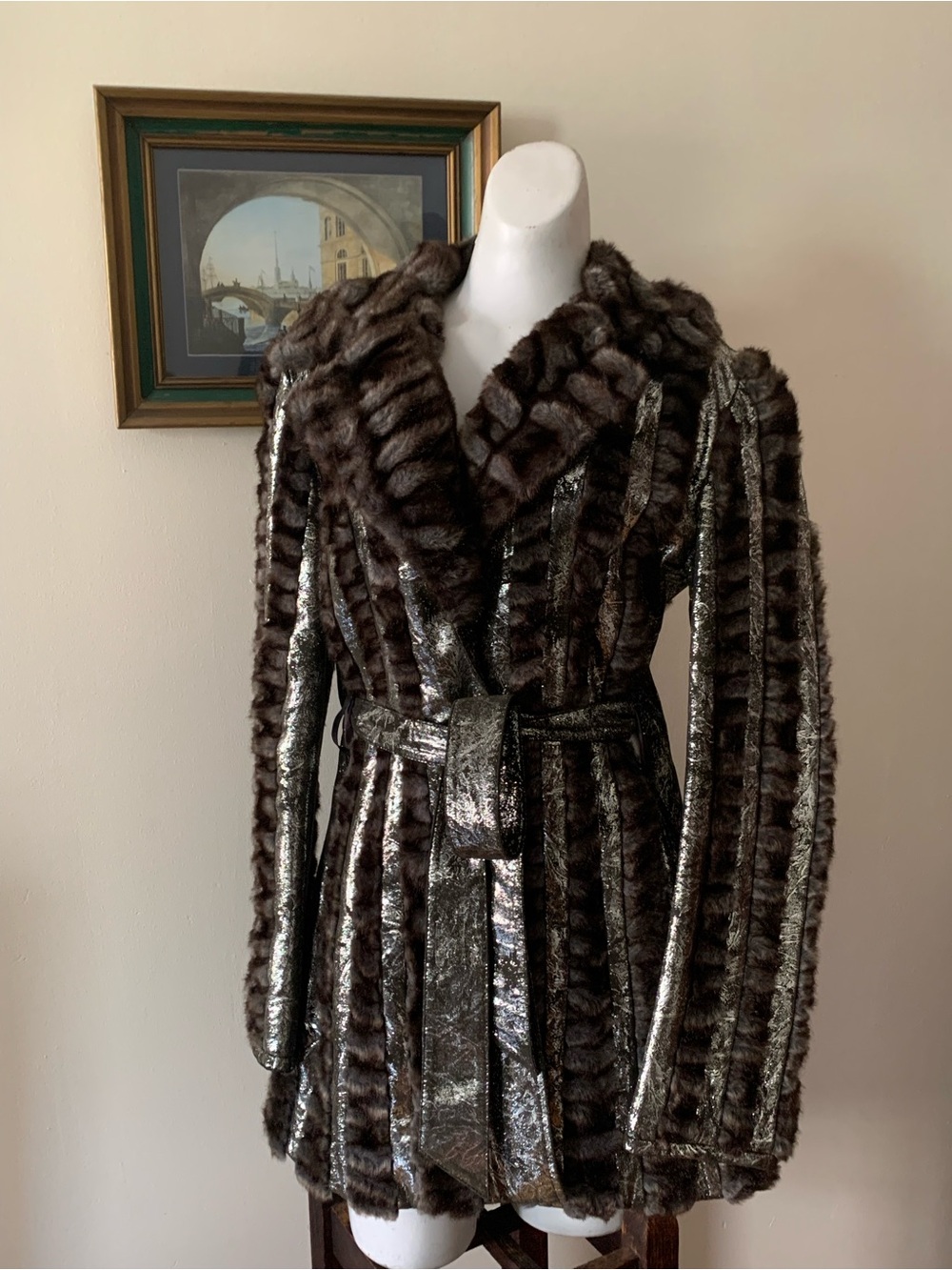 Allegra Hicks Runway 2008 Real Leather Faux Mink Open Front Belted Jacket Coat